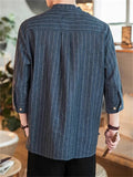 Relaxed Cotton Linen Stylish Striped Men's 3/4 Sleeve Shirt