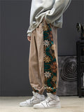 Side Floral Embroidery Elastic Waist Vintage Pants for Men