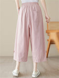 Elastic Waist Button-Decorated Loose Pants for Women