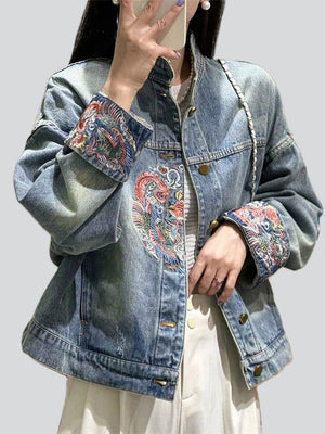 Women's Mythical Phoenix Embroidery Stand Collar Blue Denim Jacket