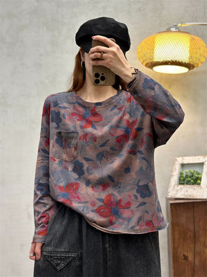 Female Vintage Oil Painting Floral Print Long Sleeve Shirt