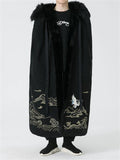 Men's Plush Crane Embroidered Cloak Coat with Removable Collar