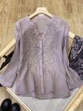 V-Neck Button Up Long Sleeve Embroidery Linen Shirt for Women