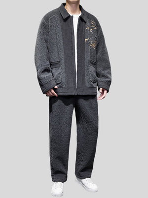 Winter Men's Trendy Embroidery Lamb Wool Casual Jacket Pants Suits