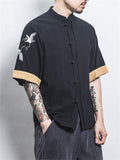 Crane Embroidery Casual Vintage T-shirts for Men