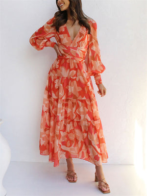 Sexy Deep V Neck Lantern Sleeve Flowy Print Dress for Lady