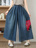 Ethnic Style Peony Patchwork Fashion Wide Leg Jeans for Women