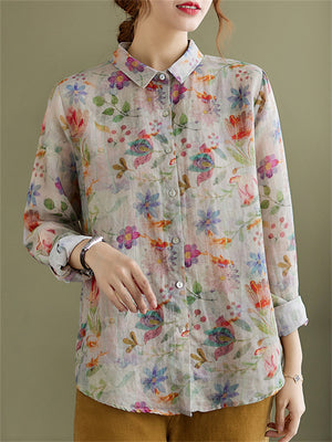 Female Cozy Literary Cotton Linen Floral Print Shirts