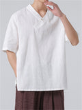 Men's Summer V Neck Short Sleeve Regular Fit Linen Shirt