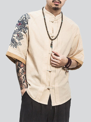 Men's Dragon Embroidery Short Sleeve Cozy Linen Shirt