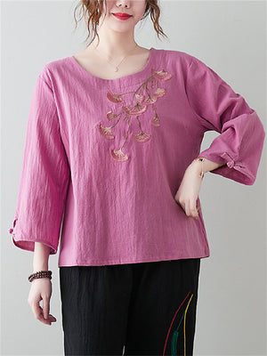 Female Ethnic Style Ginkgo Leaf Embroideried 3/4 Sleeve Shirt