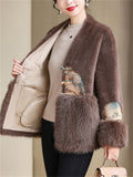 Ladies Vintage Luxury V Neck Knot Button Faux Mink Coats