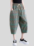 Women's Vacation Green Diamond Elastic Waist Denim Cropped Pants