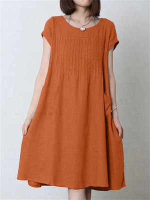 Solid Color Round Neck Knee Length Cotton Linen Dress for Lady