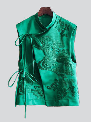 Women's Stand Collar Lace Up Flying Crane Embroidery Vest Jacket