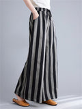 Retro Black Grey Stripes Cozy Linen Wide Leg Pants for Women