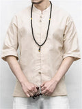 Men's Summer Vacation Stand Collar Button Short Sleeve Linen Shirt