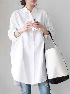 Women's Lazy Oversized Solid Color Long Lapel Shirt