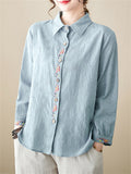 Female Chinese Floral Embroideried Lapel Button Up Linen Shirt