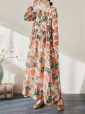 Orange Green Leaf Print Spring Loose Dress for Women