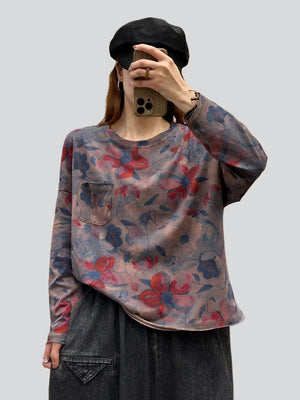 Female Vintage Oil Painting Floral Print Long Sleeve Shirt