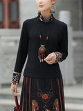 Ethnic High Neck Flower Embroidery Black Shirt for Women