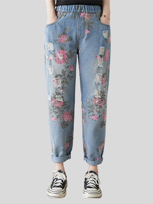 Ladies Casual Ripped Floral Print Denim Pants