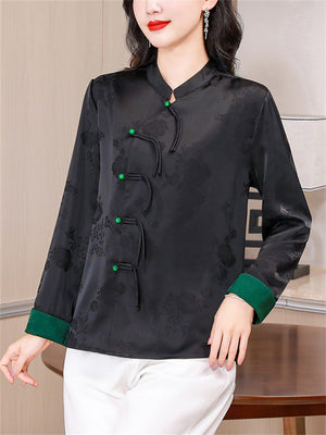 Chinese Style Female Colorblocked Sleeve Cuff Shirts