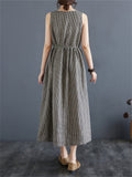 Retro Plaid Sleeveless Cotton Linen Midi Dress for Women