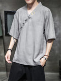 Men's Retro Linen V Neck Hanzi Embroideried Summer Shirt