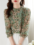 Floral Print Ruffle Trim Chiffon Shirt for Ladies