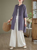 Female Leisure Cotton Linen 3/4 Sleeve Mid-Length Shirt