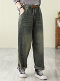 Women's Vintage Autumn Patchwork Casual Blue Denim Pants