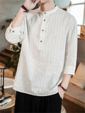 Relaxed Cotton Linen Stylish Striped Men's 3/4 Sleeve Shirt