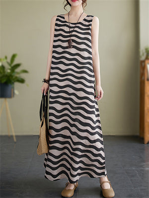 Female Gentle Wavy Striped Printed Sleeveless Tank Dress