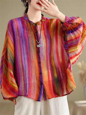 Women's Rainbow Stripe Loose Fit Lantern Sleeve Shirts