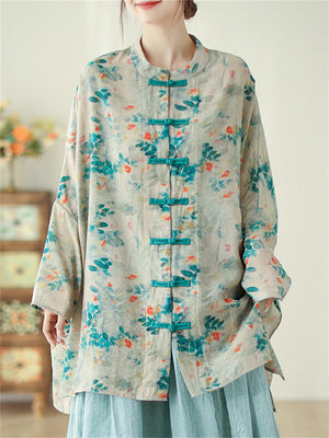 Women’s Ancient Style Green Leaf Print Knot Button Long Shirt