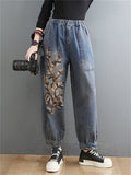 Women's Casual Plant Embroidery Loose Denim Harem Pants