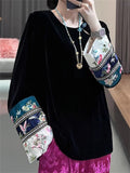 Women's Embroidered Patchwork Sleeves Velvet Shirts