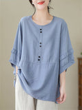 Women's Decorative Button Round Neck Relaxed Pullover Shirt