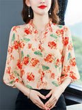 Elegant Ruffled Collar 3/4 Sleeve Floral Pattern Shirt for Women