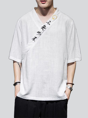 Men's Retro Linen V Neck Hanzi Embroideried Summer Shirt