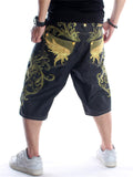 Gold Floral Pattern Wings Embroidered Men's Cropped Jeans