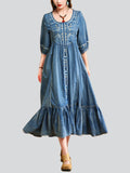 Ladies Elegant Scoop Neck High-Rise Ruffled Hem Denim Dress