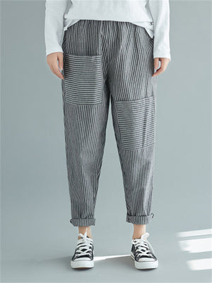 Female Asymmetrical Pockets Elastic Waist Striped Pants