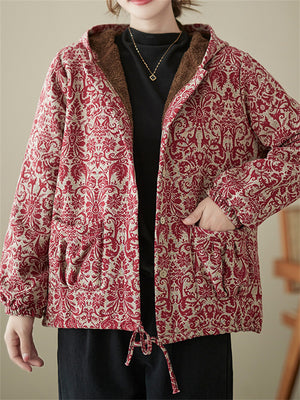 Women's Bohemian Print Button Up Hooded Plush Liner Coat