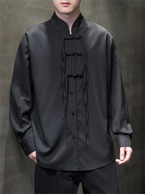 Men's Silk-Like Skin-Friendly Knot Button Black Shirt