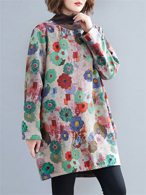 Women's Colorful Flower High Neck Plush Liner Winter Dress