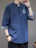 Retro Totem Embroidery Half Sleeve Linen Shirt for Men