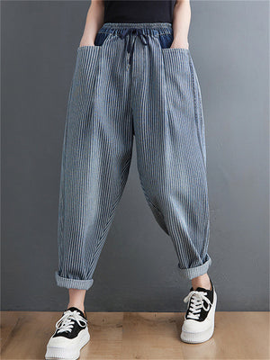 Spring Summer Women's Vertical Striped Drawstring Jeans